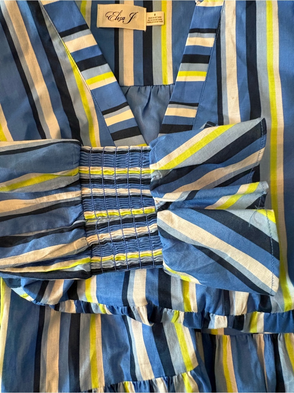 Eliza J Tiered Three Quarter Sleeve Dress Womens 8 Blue Excellent Striped V-Neck - Picture 5 of 9